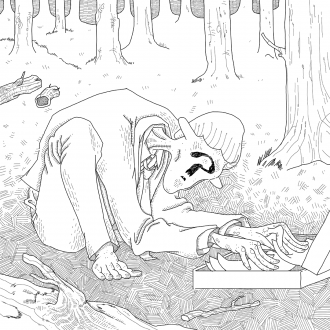 A mystery man(?) hunched into an unnatural posture, rifling through a briefcase, in the middle of the woods