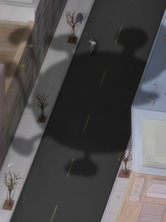 Lone person in abandoned town standing in the shadow of a Covid-19 virion.