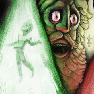 A man gapes in fear and astonishment and three cones of light, one red, one yellow, one green, each containing a figure being drawn up into the sky in a different position. The green figure skips, care-free. The yellow is ascending as if hanging upside-down, with one leg crossed over the other. The red figure can only be seen in the reflection of the face's eyes, floating up with one arm down, and own pointing into the air.