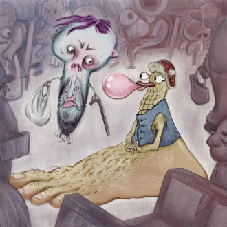 An old head with limbs glares angrily at a younger looking duck with a foot for a body, who is cluelessly blowing a large bubble with bubblegum while blocking access to the only available seats on the train car.