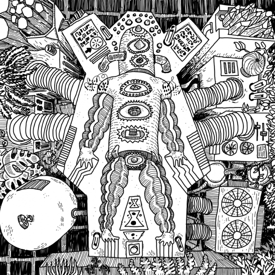 A top-down view of a sarcophagus-like vessel, surrounded by, and hooked up to, a variety of mysterious devices. There are crystals and plants present, but it is unclear whether they are incorporated into the devices. There is a bit of refuse here and there.